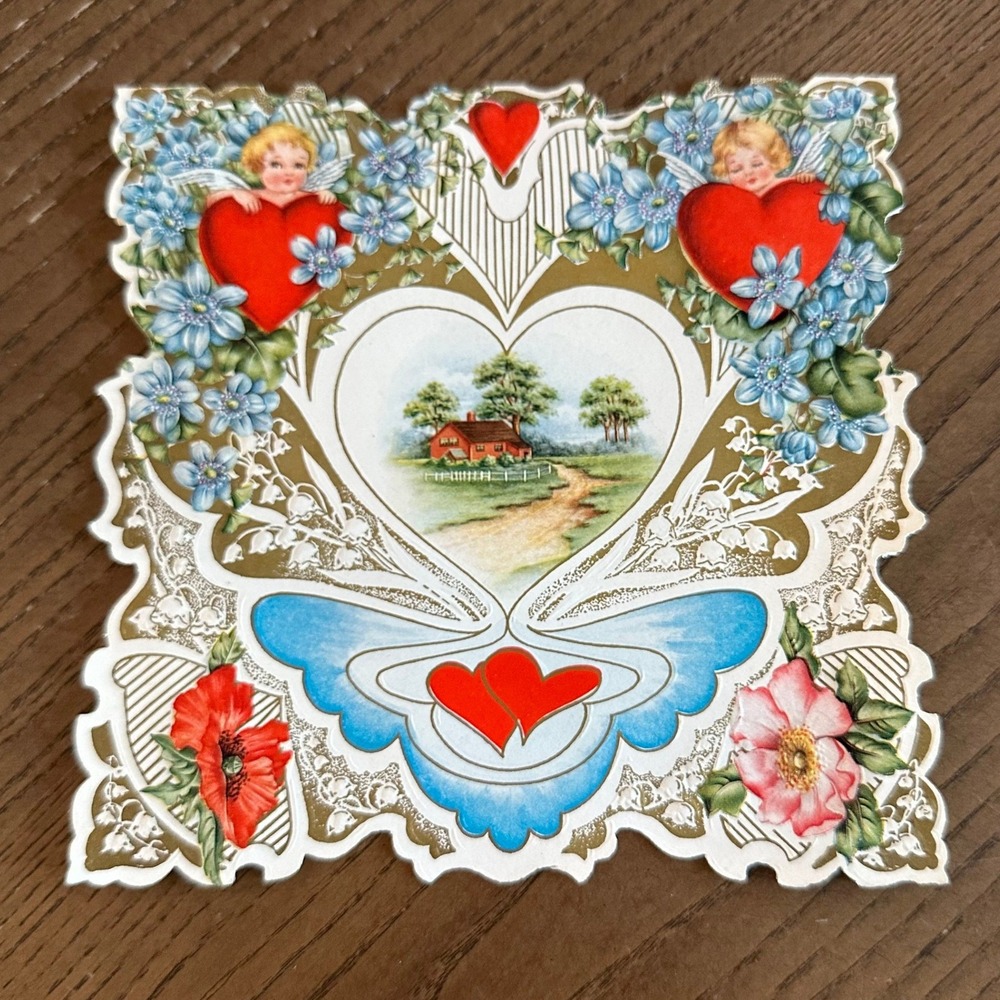 Vintage Whitney Made Valentine Card Die Cut Cherub Heart Country House Worcester